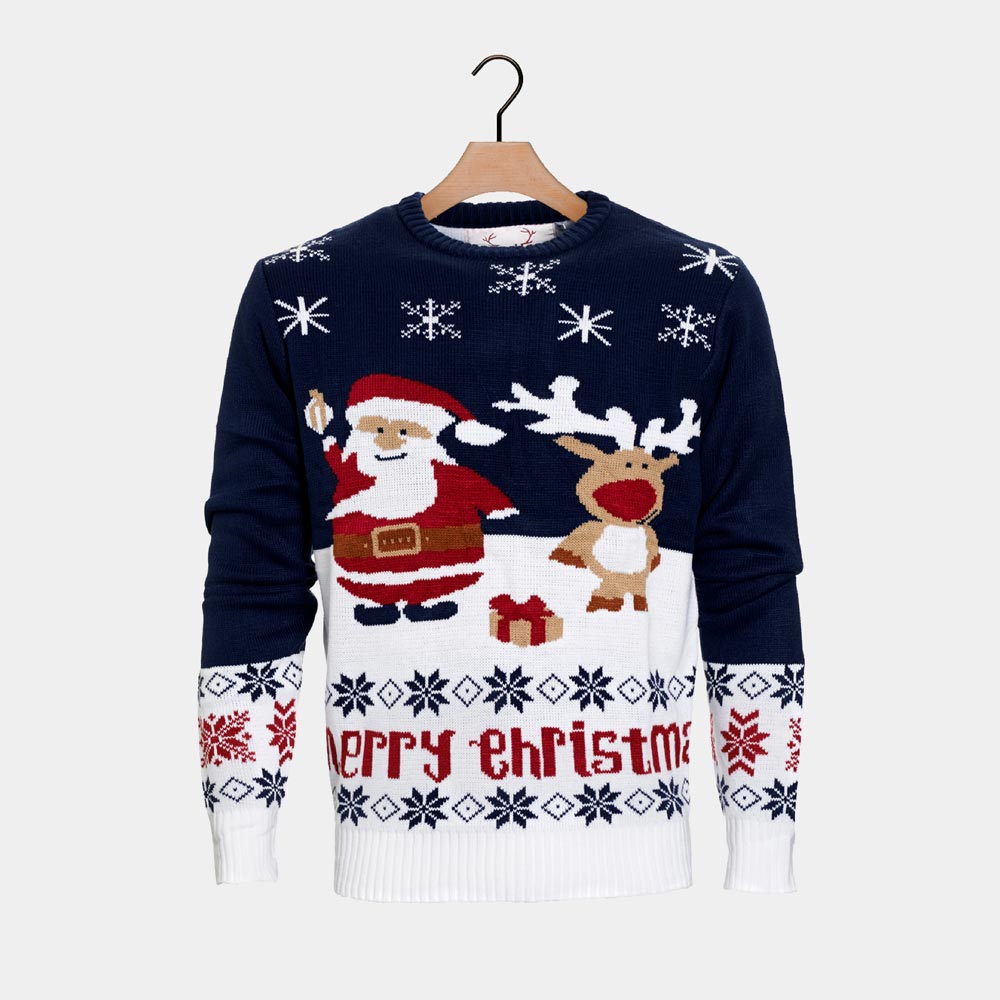 Blue Organic Cotton Family Ugly Christmas Sweater Santa and Rudolph
