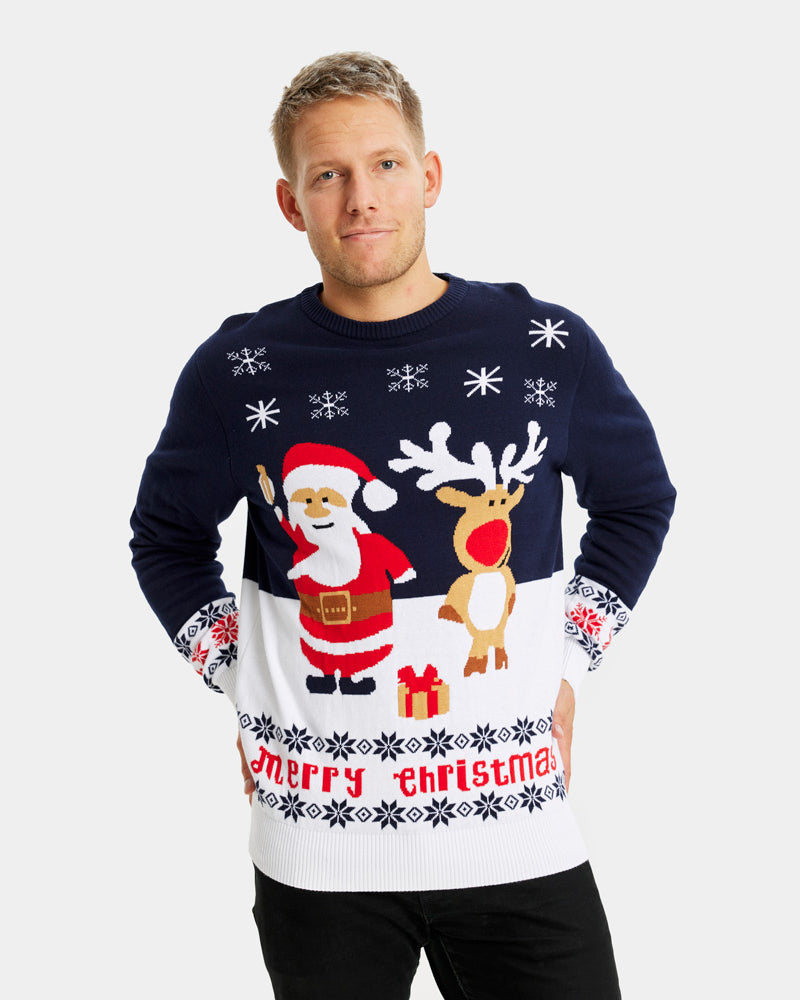 Blue Organic Cotton Men's Ugly Christmas Sweater with Santa and Rudolph