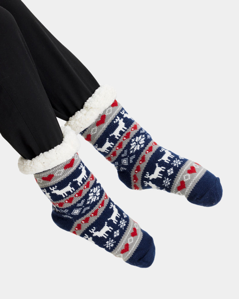 Blue Rubber Sole Ugly Christmas Socks with Reindeers and Hearts women