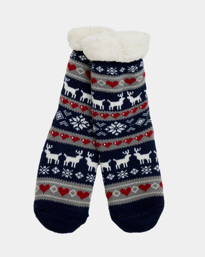Blue Rubber Sole Ugly Christmas Socks with Reindeers and Hearts
