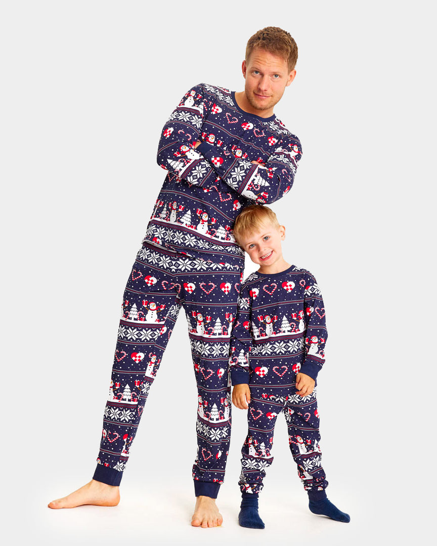 Blue Ugly Christmas Pyjama for Children and Men with Snowmen and Hearts