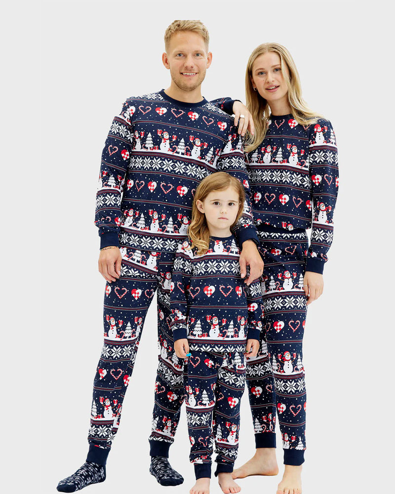 Blue Ugly Christmas Pyjama for Family with Snowmen and Hearts
