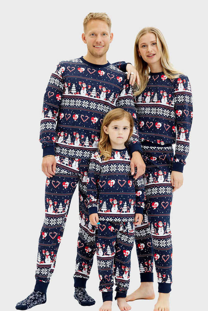 Blue Ugly Christmas Pyjama for Family with Snowmen and Hearts