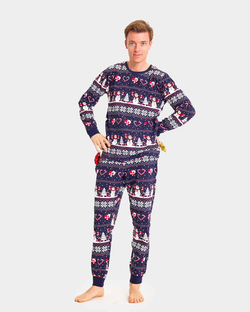 Blue Ugly Christmas Pyjama for Men with Snowmen and Hearts