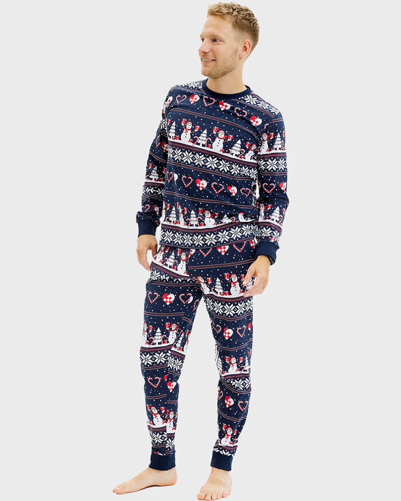 Blue Ugly Christmas Pyjama Mens Snowmen and Hearts