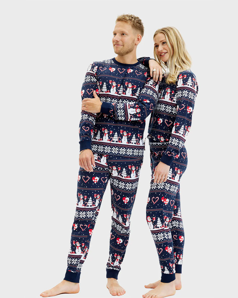 Blue Ugly Christmas Pyjama Womens and Mens Snowmen and Hearts