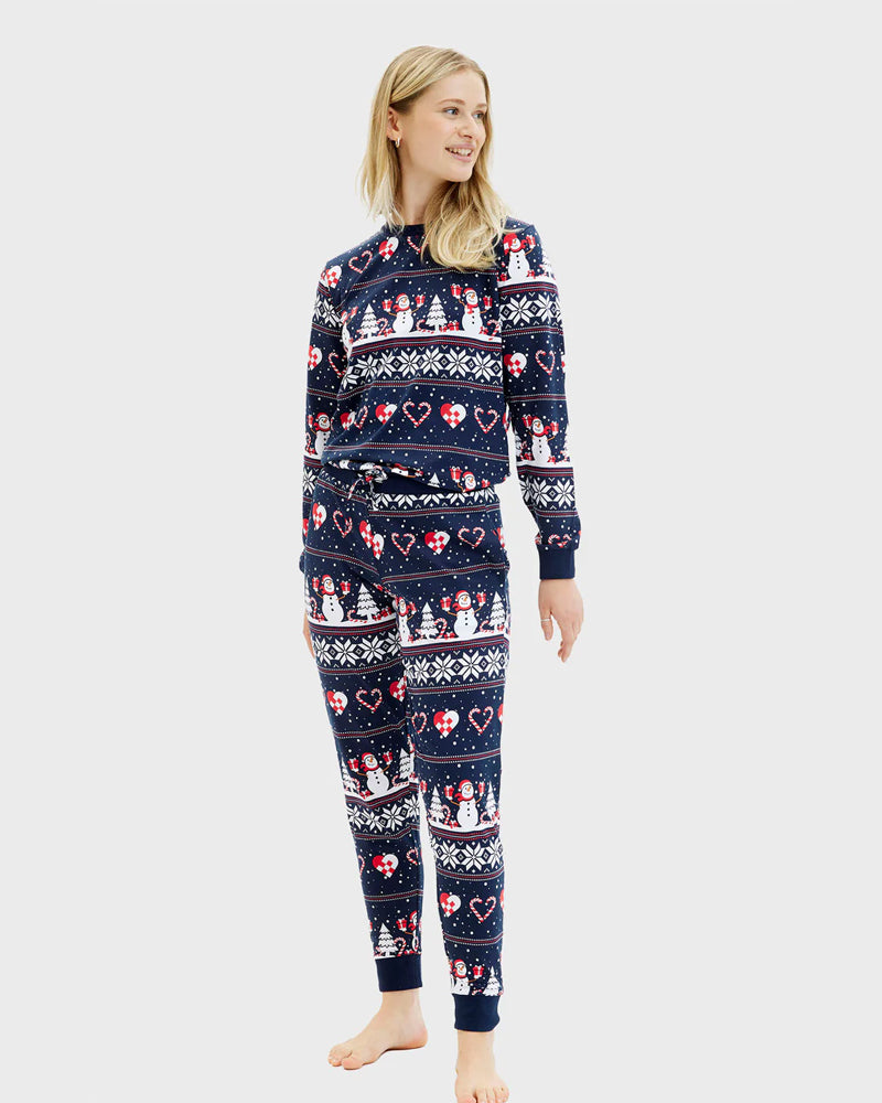 Blue Ugly Christmas Pyjama Womens Snowmen and Hearts