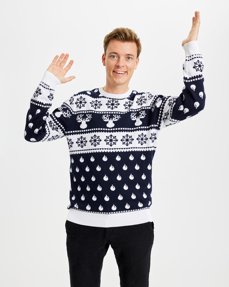 Blue Mens Ugly Christmas Sweater with Reindeers and Snow