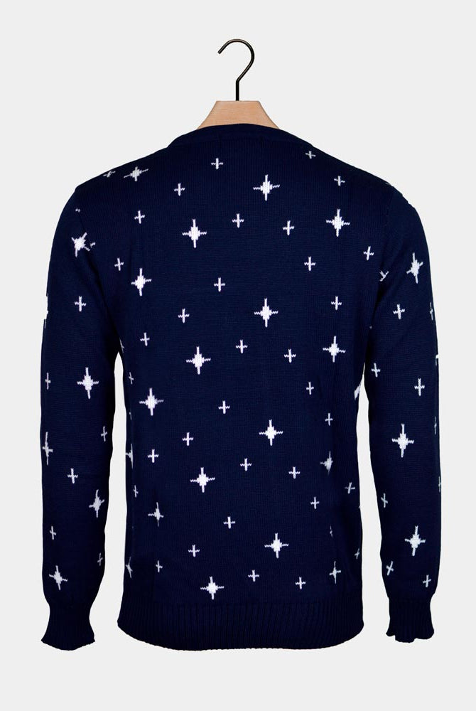 Back Blue Women's Ugly Christmas Sweater with Reindeers, Christmas Tree and Star