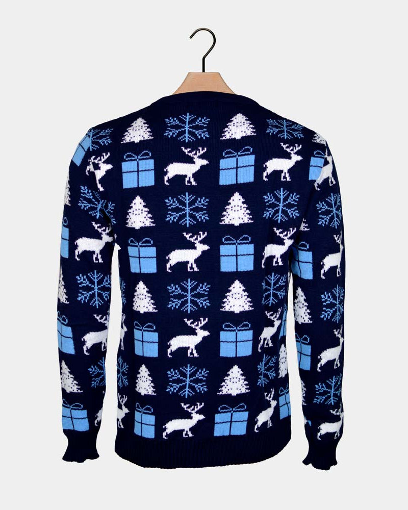 Reindeers, Gifts and Trees Blue Couple's Ugly Christmas Sweater