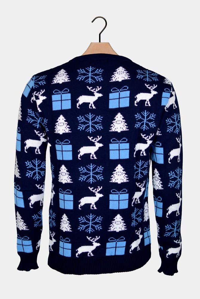 Blue Women's Ugly Christmas Sweater Back Reindeers, Gifts and Trees