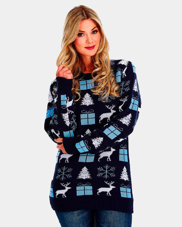 Blue Women's Ugly Christmas Sweater with Reindeers, Gifts and Trees