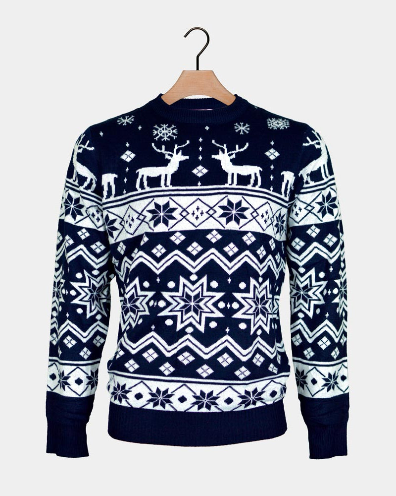 Blue Couple's Ugly Christmas Sweater Reindeers Nordic Stars