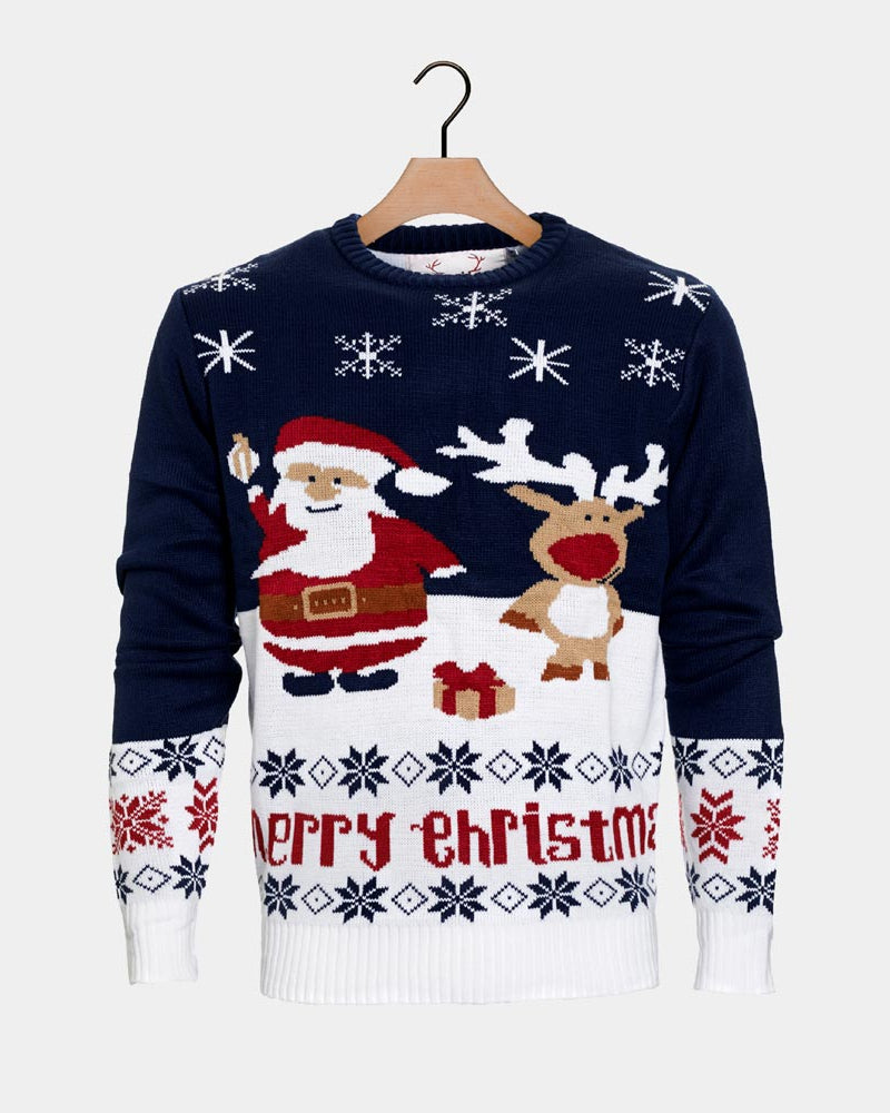 Blue Couple's Ugly Christmas Sweater Santa and Rudolph