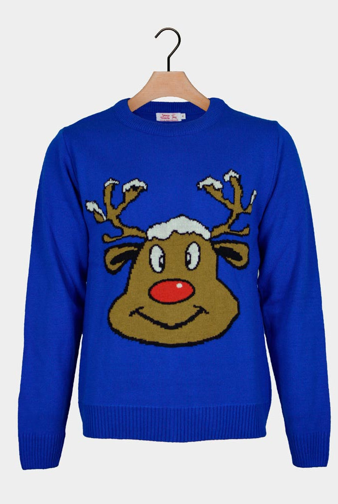 Blue Ugly Christmas Sweater with Smiling Reindeer