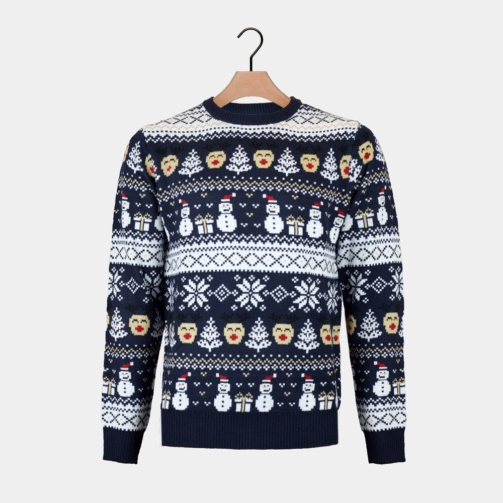 Blue Mens Ugly Christmas Sweater with Snowmen and Trees