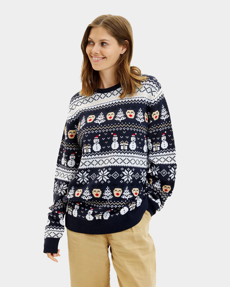 Blue Ugly Christmas Sweater with Snowmen and Trees Womens