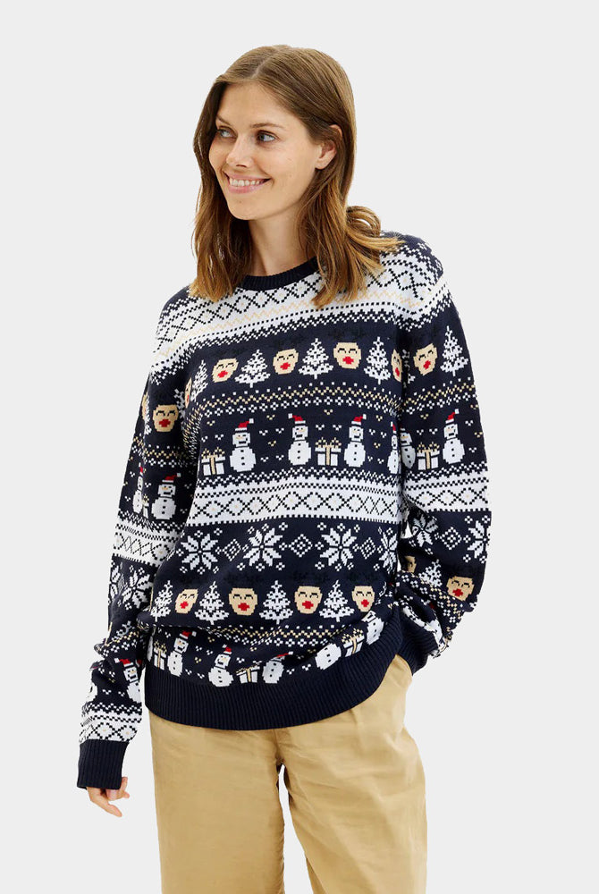 Blue Ugly Christmas Sweater with Snowmen and Trees Womens