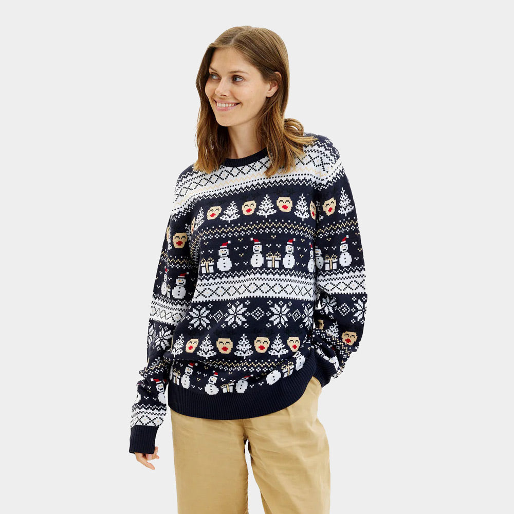 Blue Ugly Christmas Sweater with Snowmen and Trees Womens