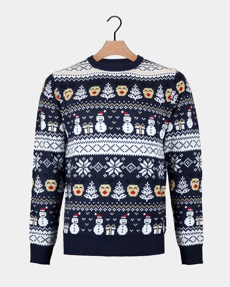 Blue Ugly Christmas Sweater with Snowmen and Trees