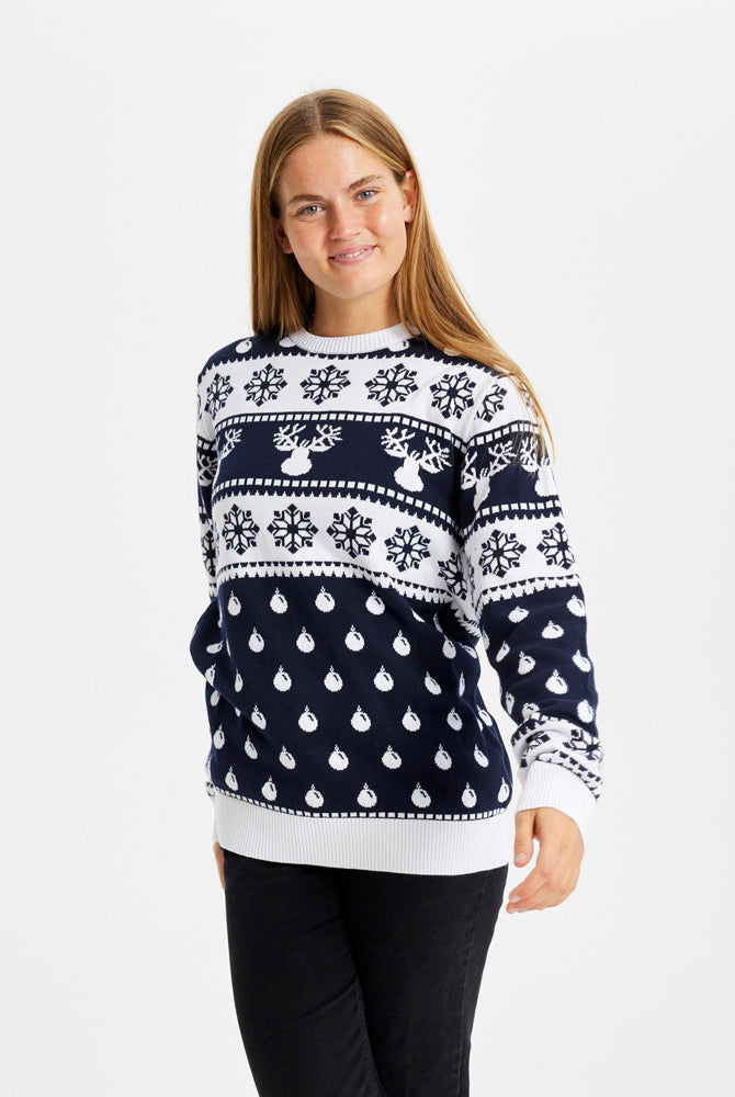 Blue Mens Womens Ugly Christmas Sweater with Reindeers and Snow