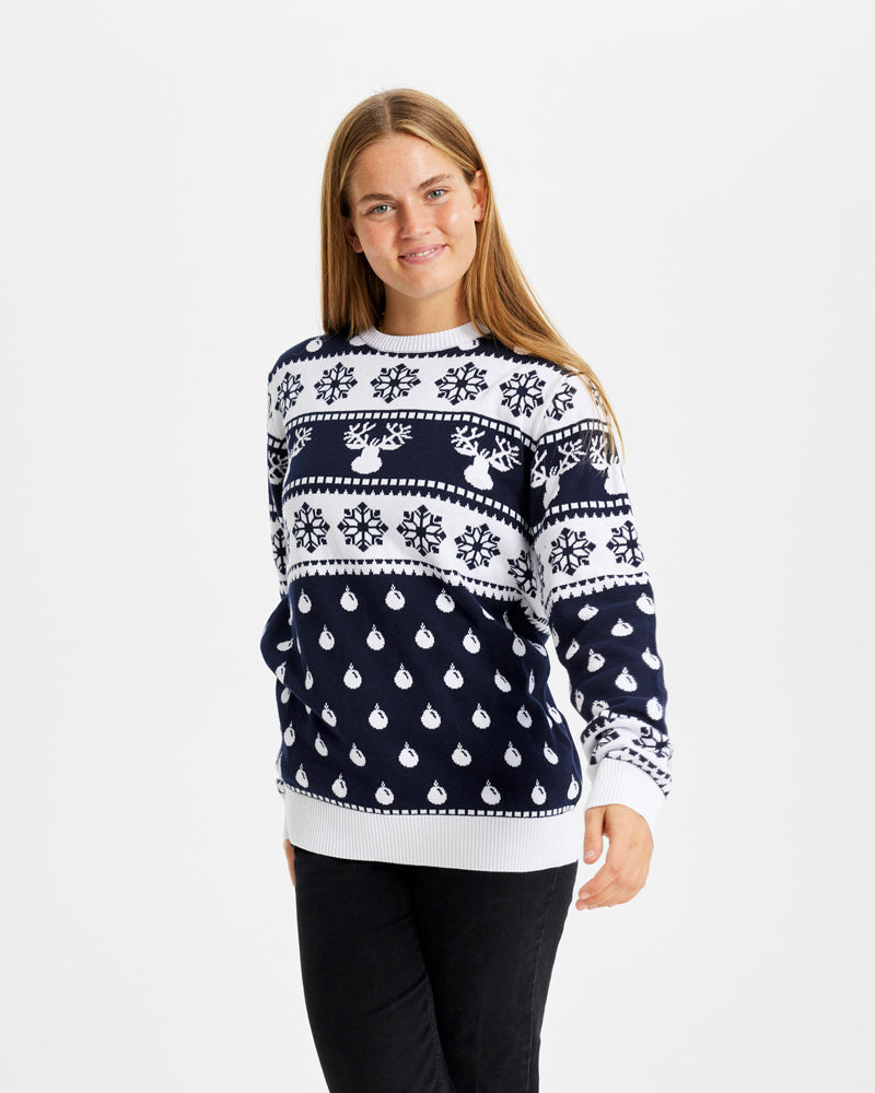 Blue Womens Ugly Christmas Sweater with Reindeers and Snow