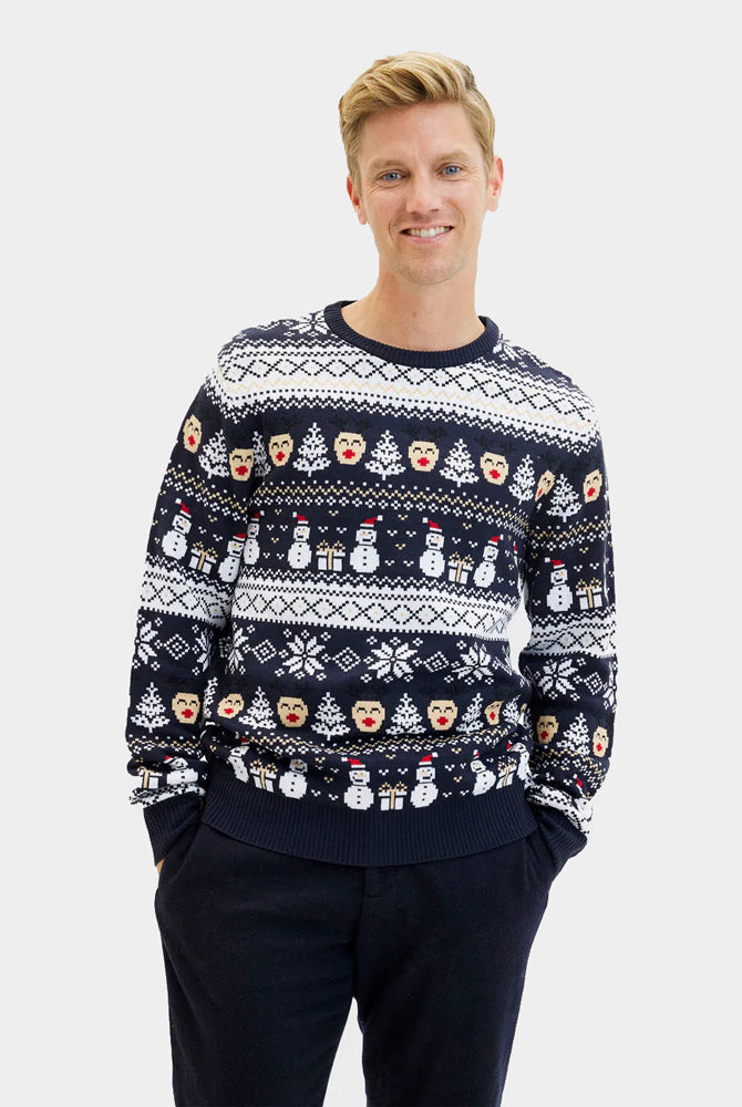 Blue Womens Mens Ugly Christmas Sweater with Snowmen and Trees