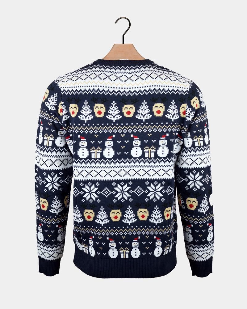 Blue Womens Ugly Christmas Sweater with Snowmen and Trees back