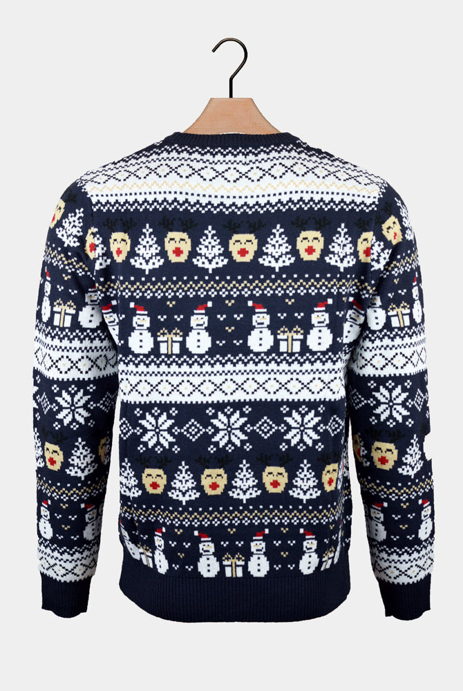 Blue Womens Ugly Christmas Sweater with Snowmen and Trees back