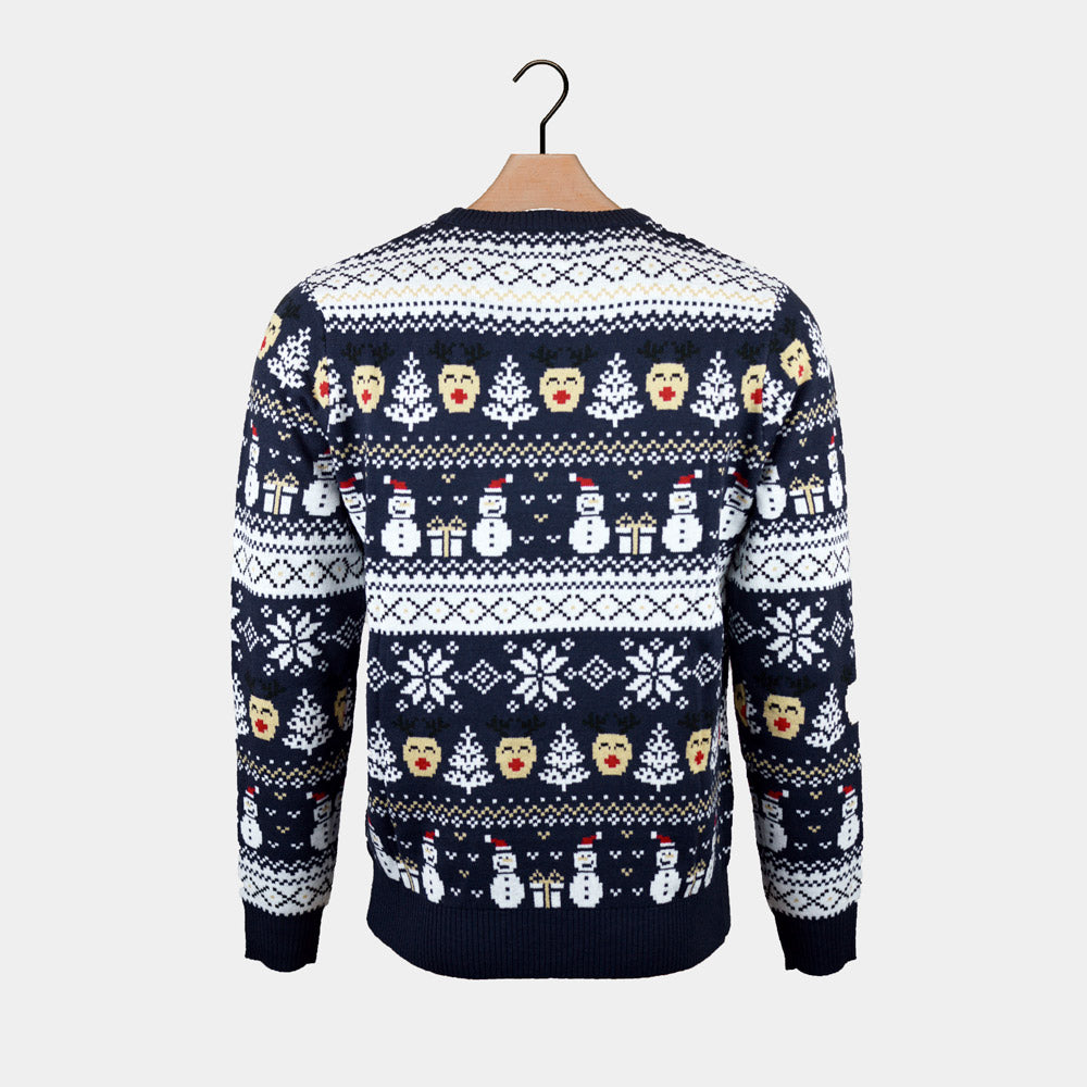 Blue Womens Ugly Christmas Sweater with Snowmen and Trees back