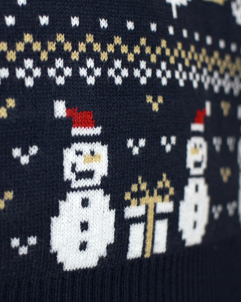 Blue Womens Ugly Christmas Sweater with Snowmen and Trees detail