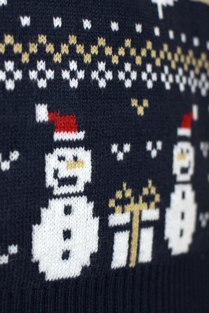 Blue Womens Ugly Christmas Sweater with Snowmen and Trees detail