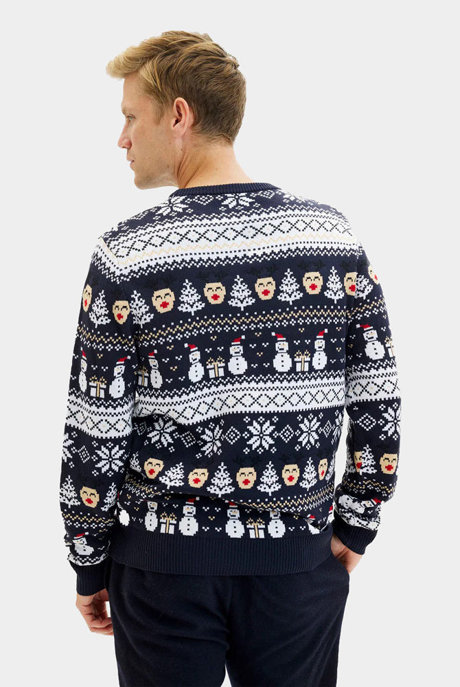 Mens Blue Women's Ugly Christmas Sweater with Snowmen and Trees