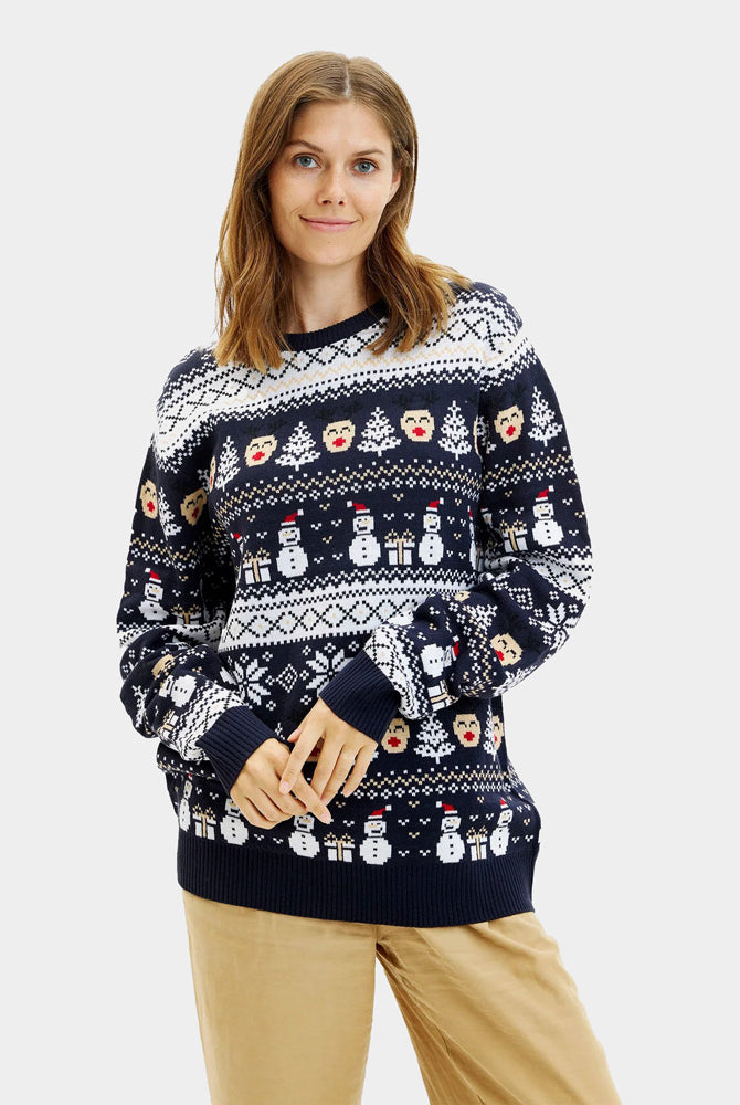 Blue Women's Ugly Christmas Sweater with Snowmen and Trees