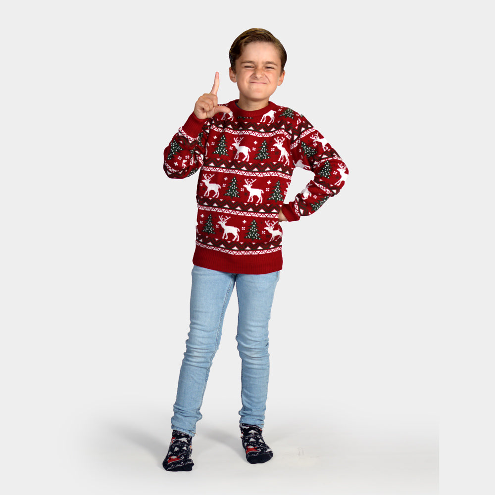 Red Ugly Christmas Sweater with Reindeer and Christmas Trees Childrens