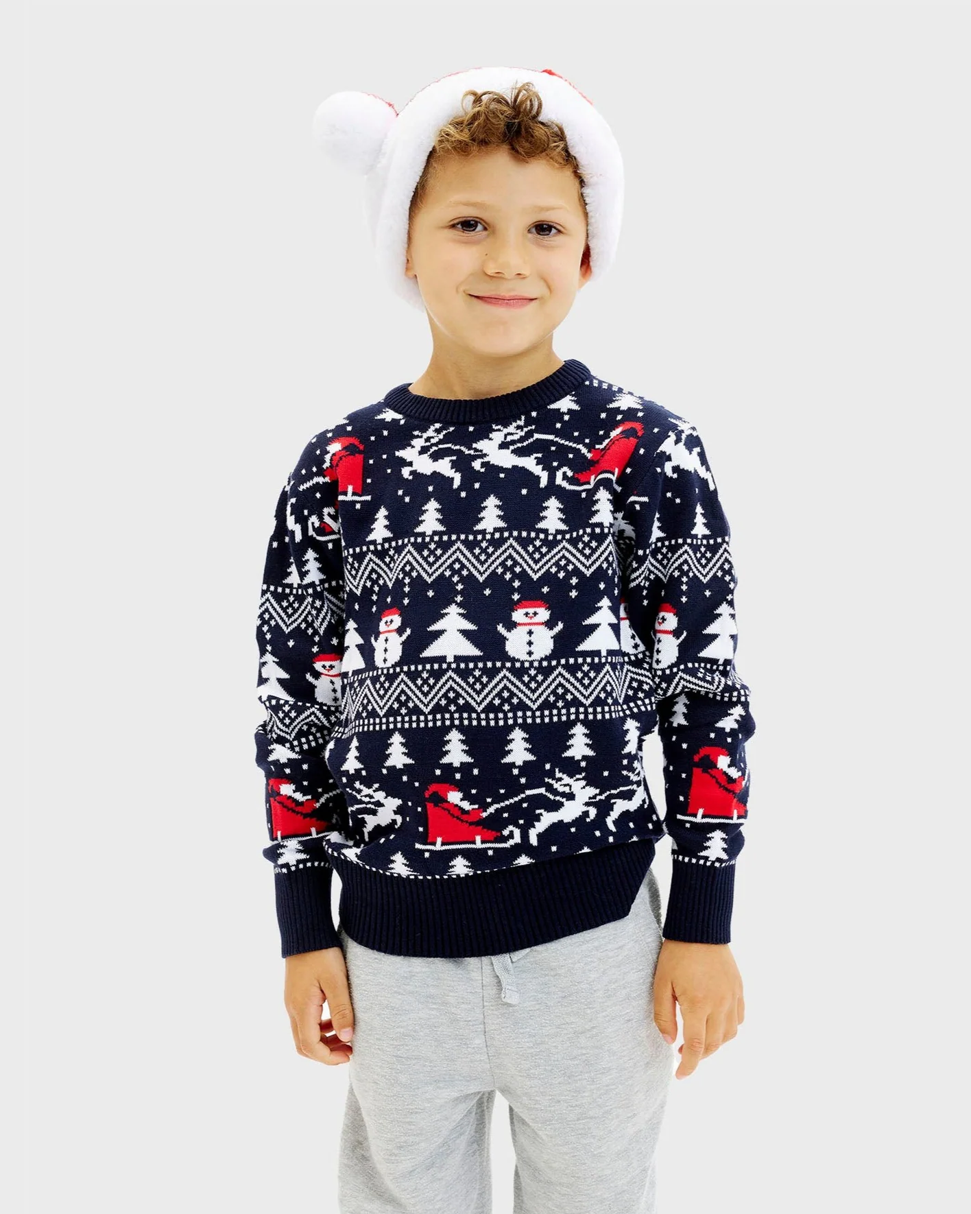 Boys Blue Ugly Christmas Sweater Trees Snowmen Santa