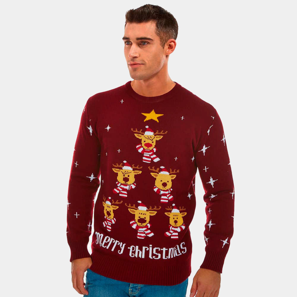 Burgundy Couple's Ugly Christmas Sweater with Reindeers, Christmas Tree and Star Mens