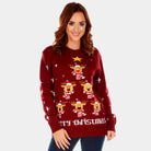 Womens Burgundy Couple's Ugly Christmas Sweater with Reindeers, Christmas Tree and Star