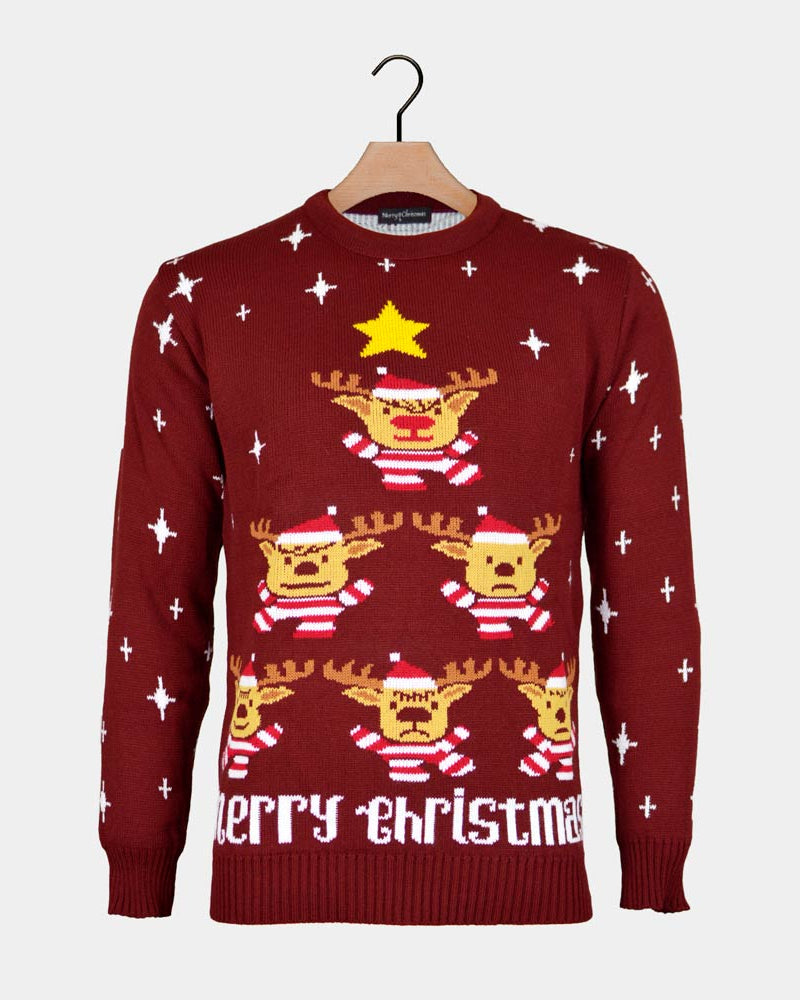 Burgundy Couple's Ugly Christmas Sweater with Reindeers, Christmas Tree and Star