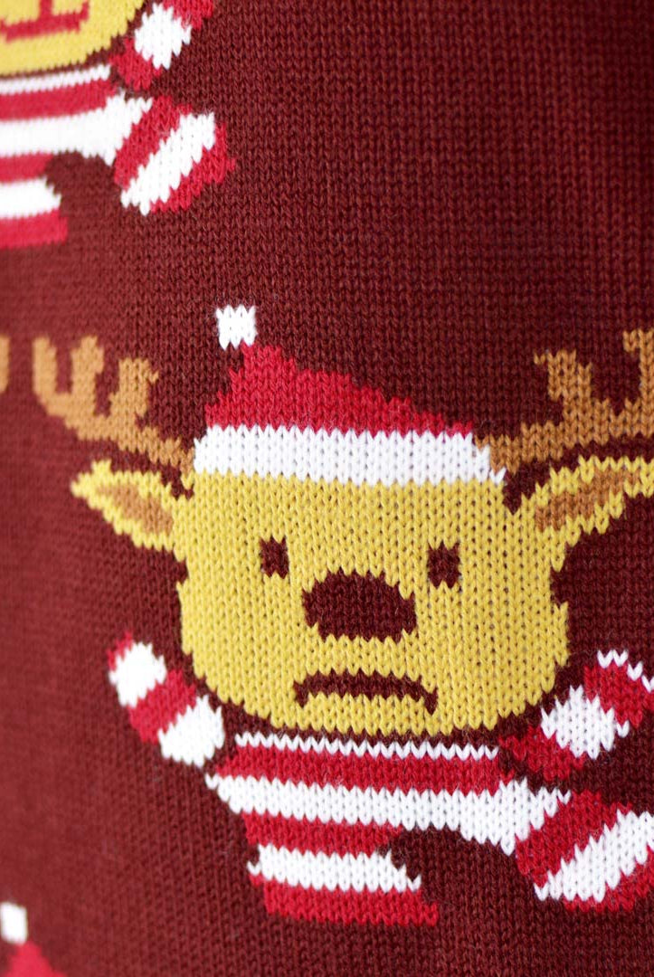 Burgundy Men's Ugly Christmas Sweater with Reindeers, Christmas Tree and Star detail