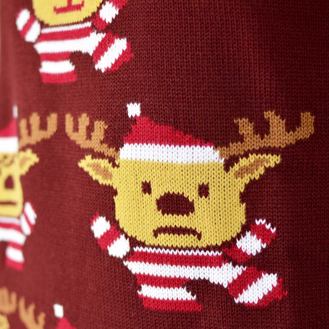 Burgundy Men's Ugly Christmas Sweater with Reindeers, Christmas Tree and Star detail