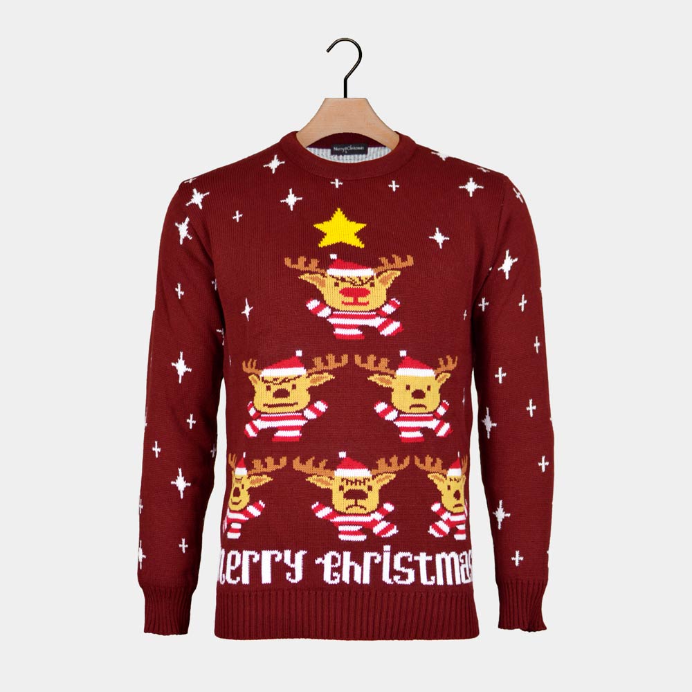 Burgundy Men's Ugly Christmas Sweater with Reindeers, Christmas Tree and Star