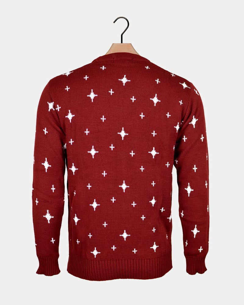 Back Burgundy Women's Ugly Christmas Sweater with Reindeers, Christmas Tree and Star