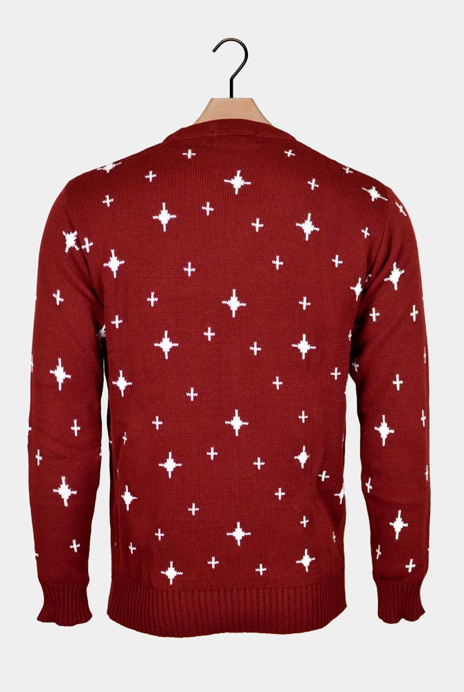 Back Burgundy Women's Ugly Christmas Sweater with Reindeers, Christmas Tree and Star