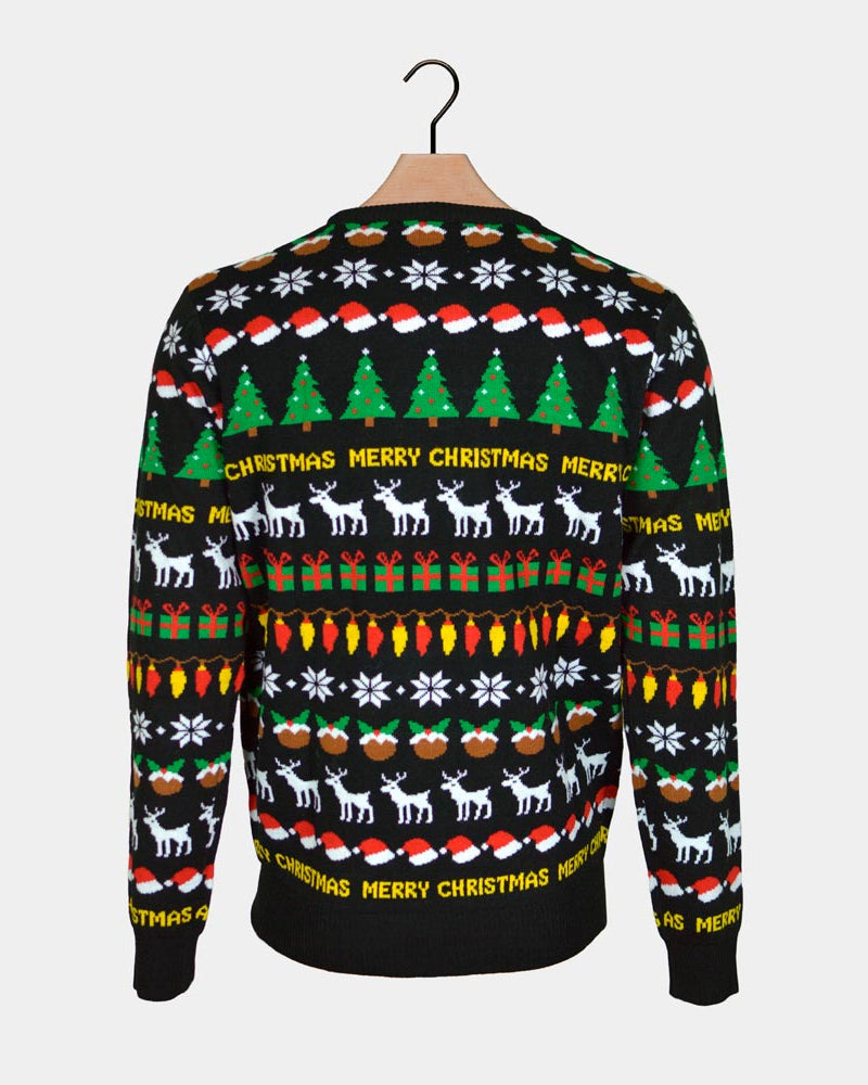 Black Ugly Christmas Sweater with Trees, Reindeers and Gifts children