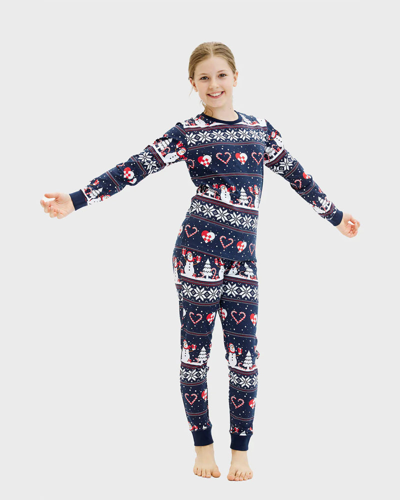 Blue Ugly Christmas Pyjama children with Snowmen and Hearts