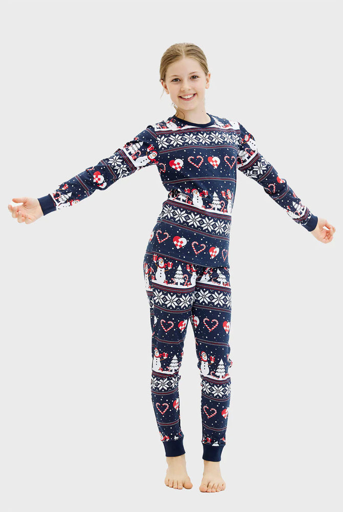 Blue Ugly Christmas Pyjama children with Snowmen and Hearts