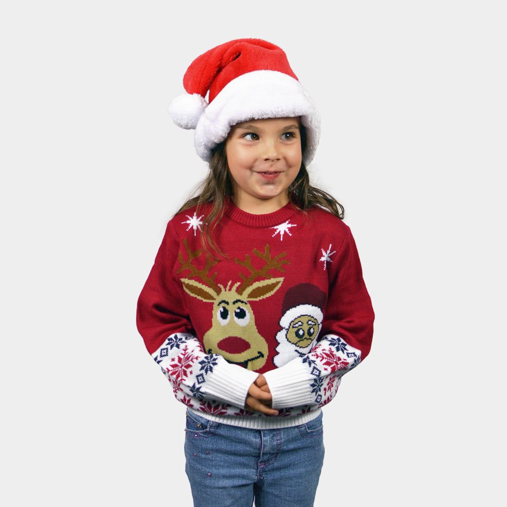 Children Womens Ugly Christmas Sweater with Santa and Rudolph Smiling