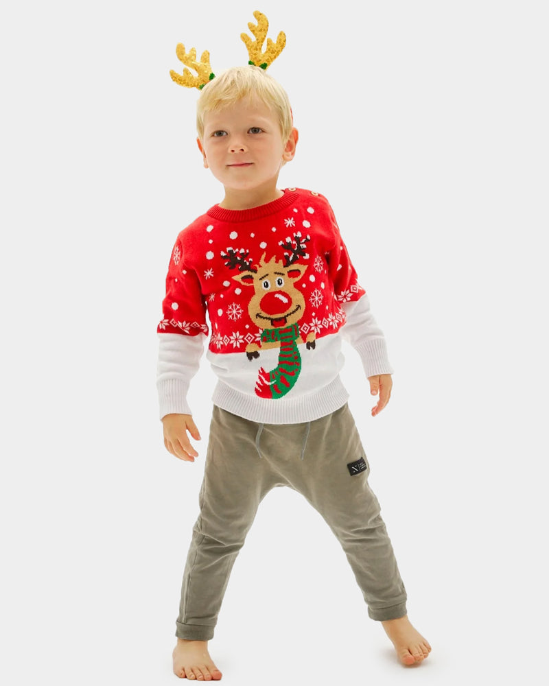 Childrens Organic Cotton Family Ugly Christmas Sweater Reindeer with Scarf