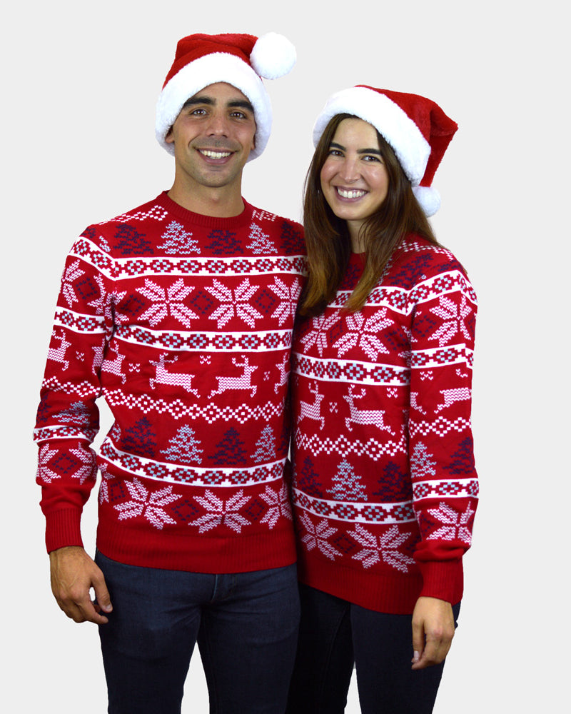 Classic Red Couple's Ugly Christmas Sweater with Polar Stars